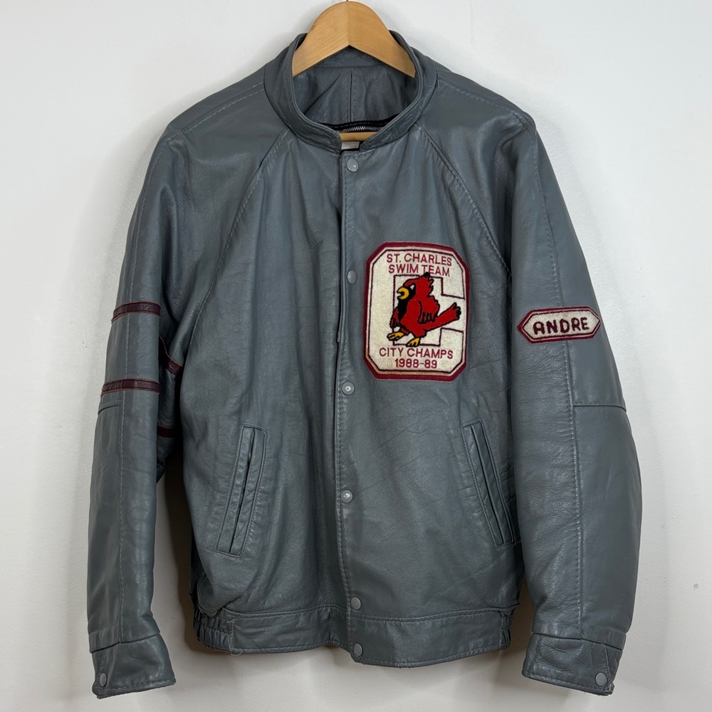 Vintage Varsity Jacket Mens 44 Gray Leather Bomber Cardinals City Champs 80s